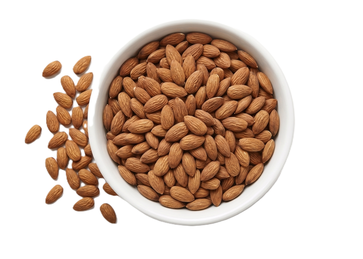 Almonds in a white bowl on a white background