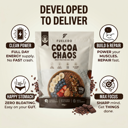 Fueled Cocoa Chaos protein oat mix packaging with health benefits listed on a light background