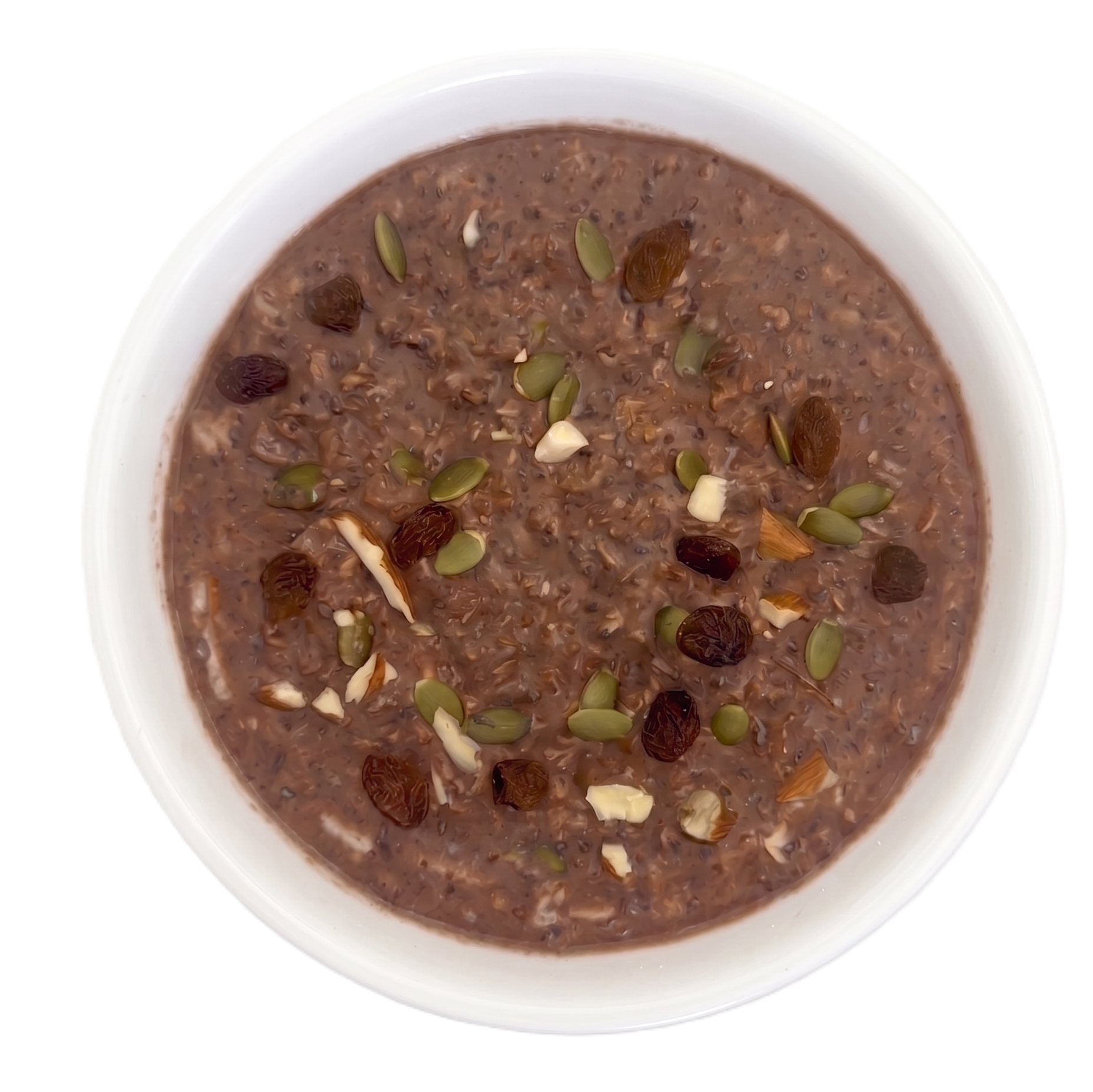 Fueledo, Choco chaos in a white bowl. With pumpkin seeds, almonds, chia seeds and raisins visible. 