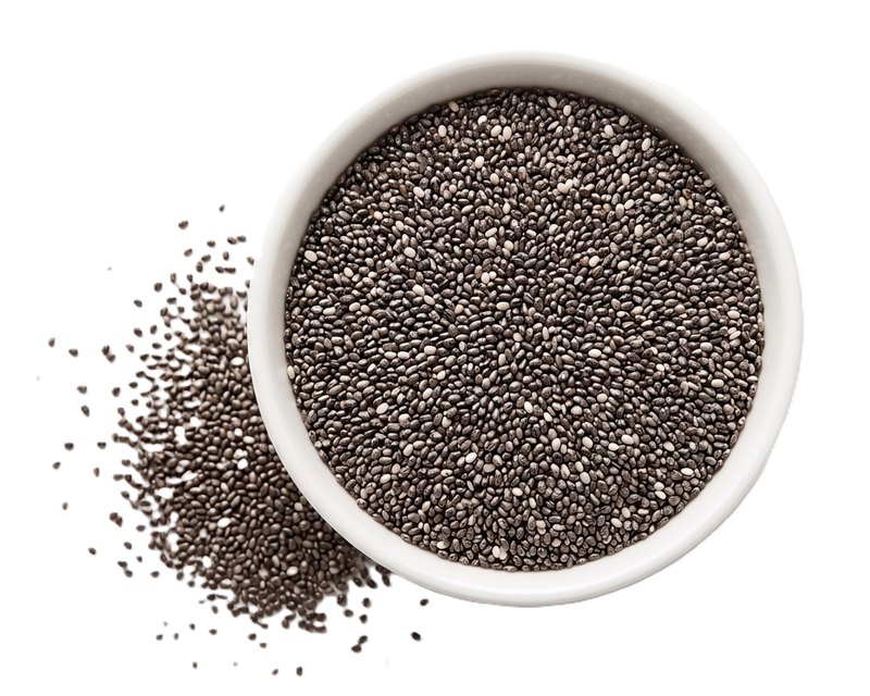 White bowl filled with chia seeds on a white background