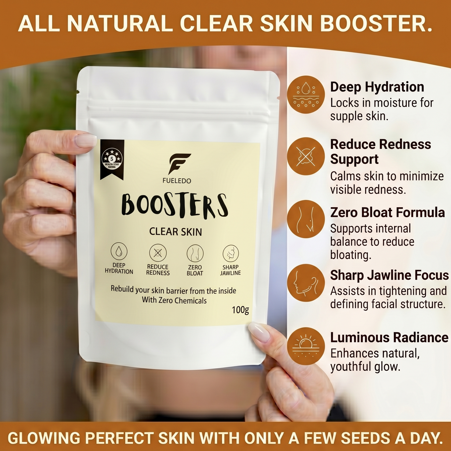 Fueledo Clear Skin Booster package held by a hand with product features listed.