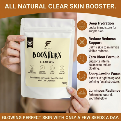 Fueledo Clear Skin Booster package held by a hand with product features listed.