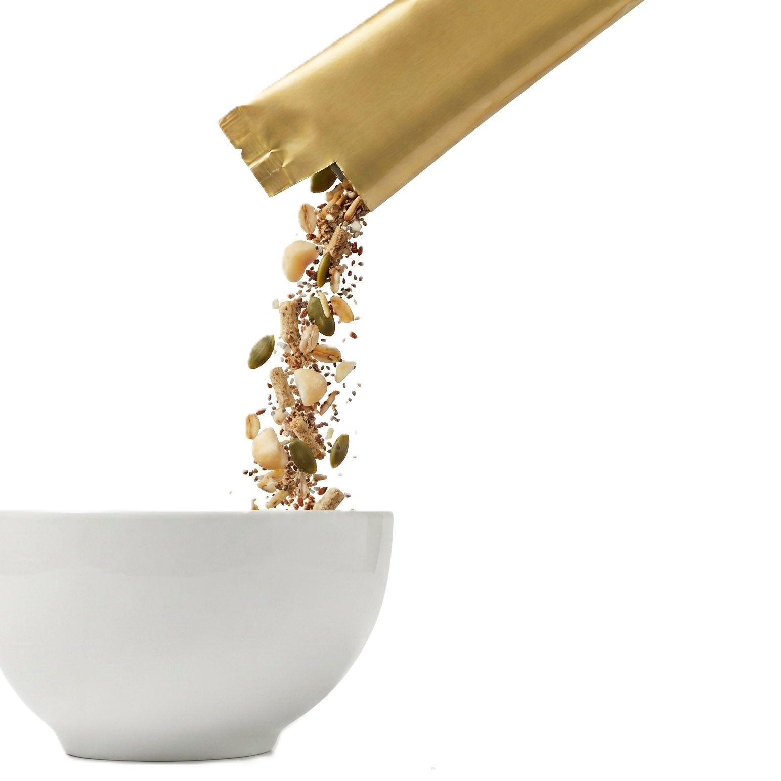 Clear Skin Booster Sachet pouring seeds into a white bowl 