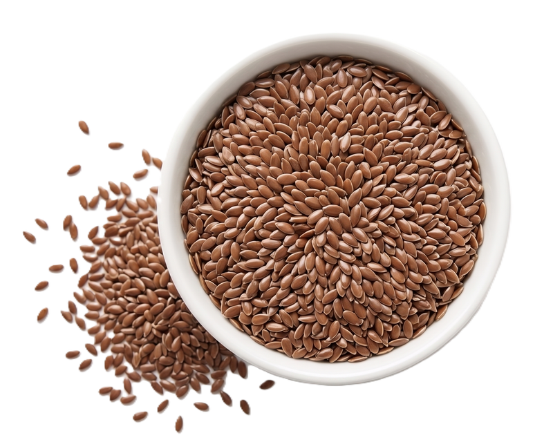 White bowl filled with brown flaxseeds on a white background