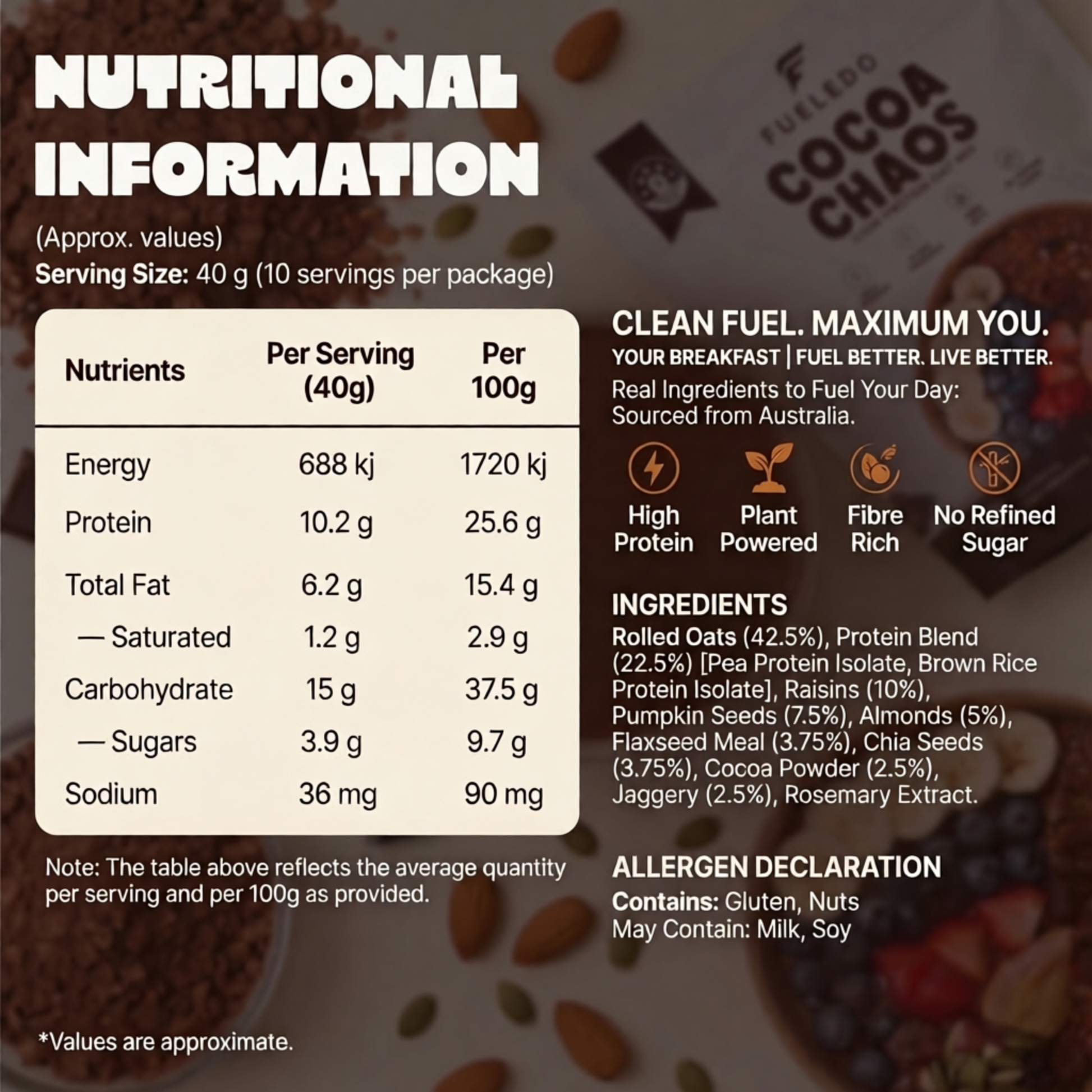 Nutritional information label for a product with ingredients listed on a blurred background.