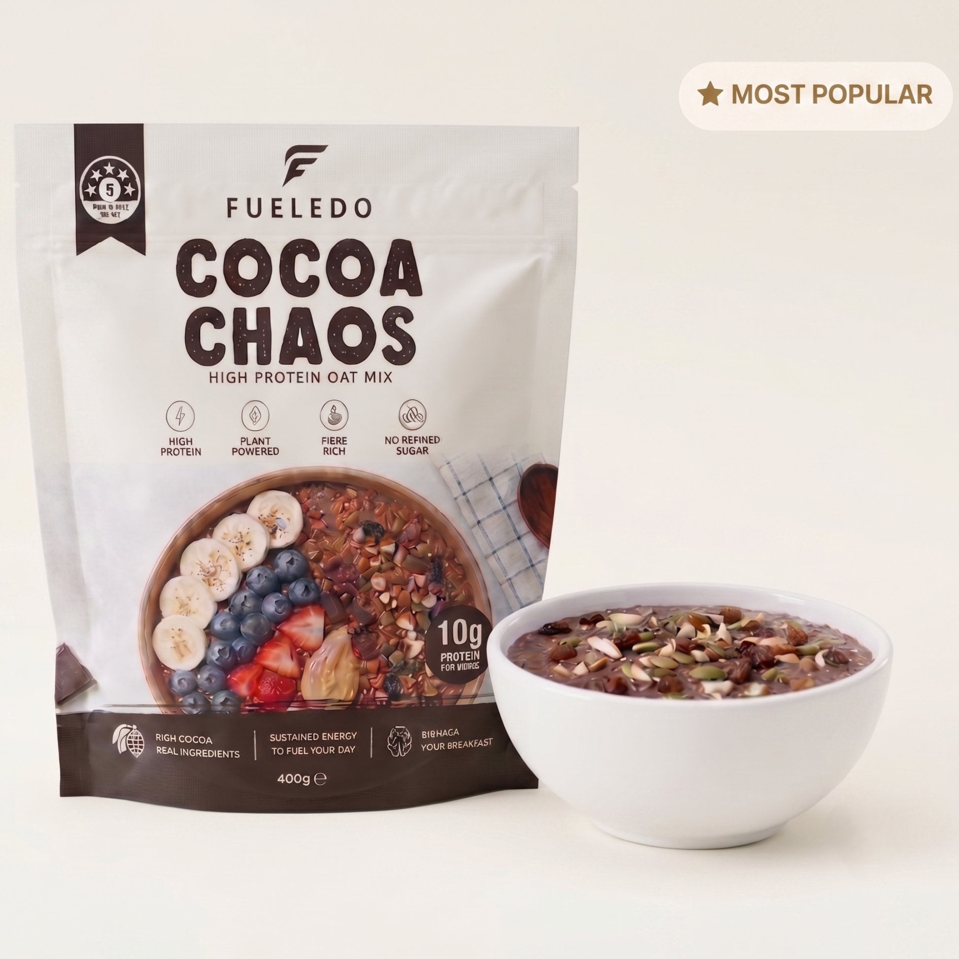 Fueledo Cocoa Chaos high protein oat mix package with a bowl of oatmeal on a white background