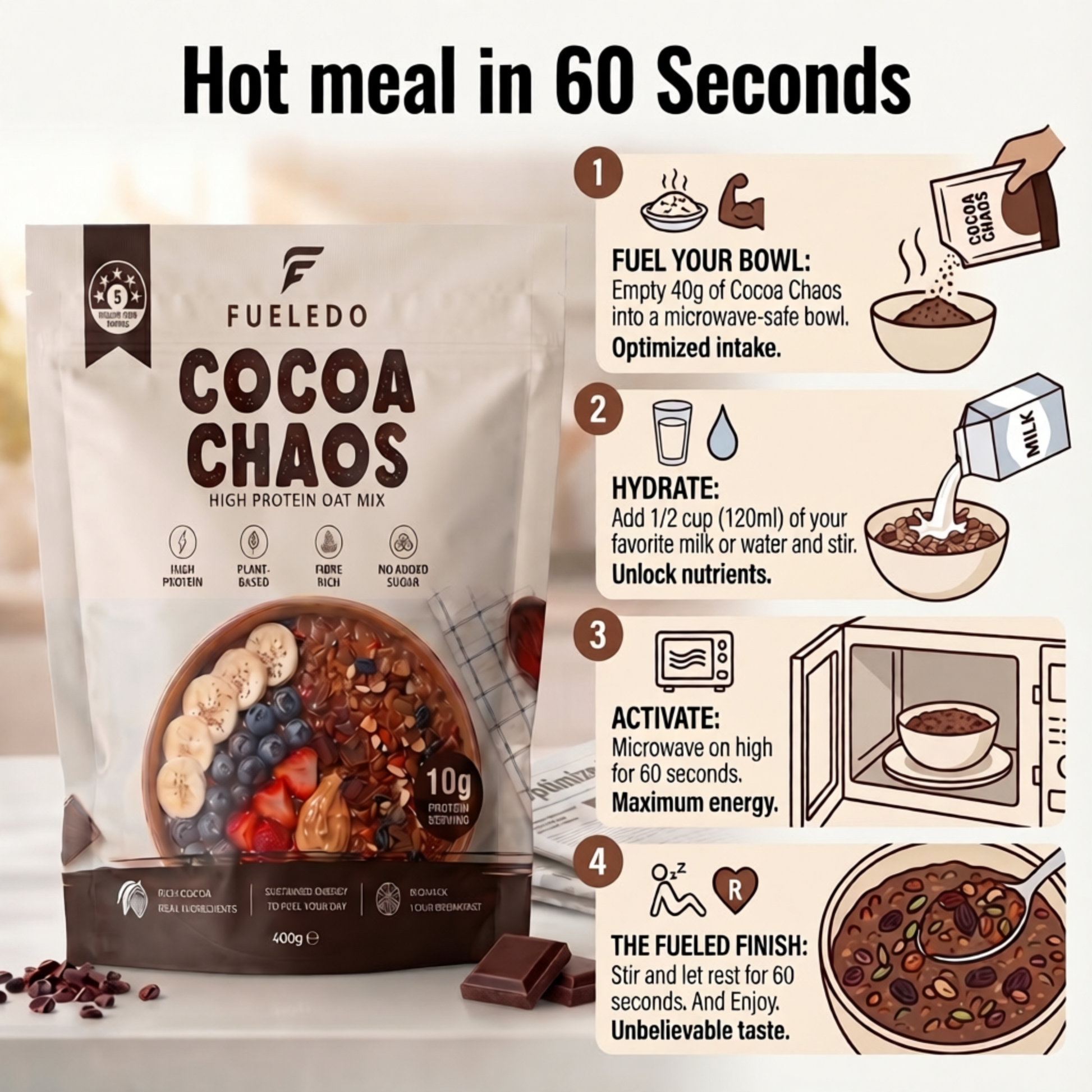 Fueledo Cocoa Chaos high protein oat mix packaging with preparation instructions for 60 seconds oat meal.