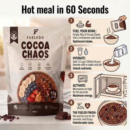 Fueledo Cocoa Chaos high protein oat mix packaging with preparation instructions for 60 seconds oat meal.