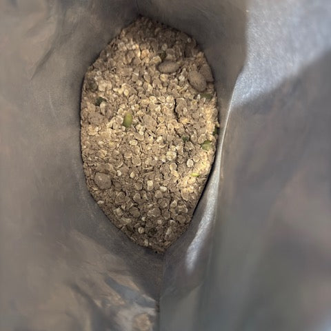 A close-up view inside of Fueledo Cocoa Chaos high protein oatmeal.