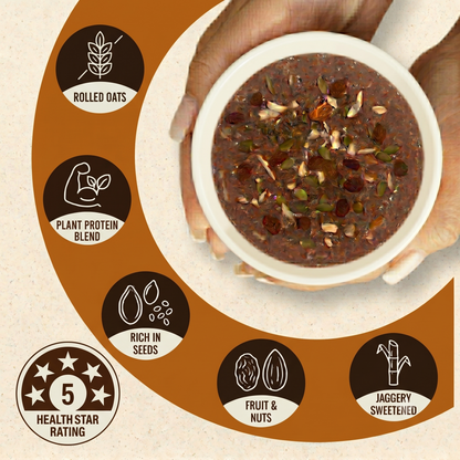 Hand holding a bowl of Fueledo oats  with health benefits and ingredients highlighted.