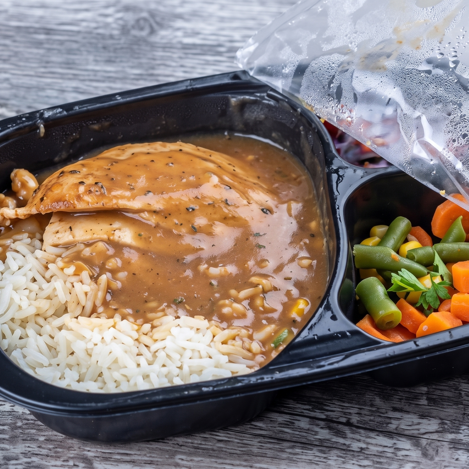 Prepared meal with chicken, rice, and vegetables in a black container on a wooden surface.