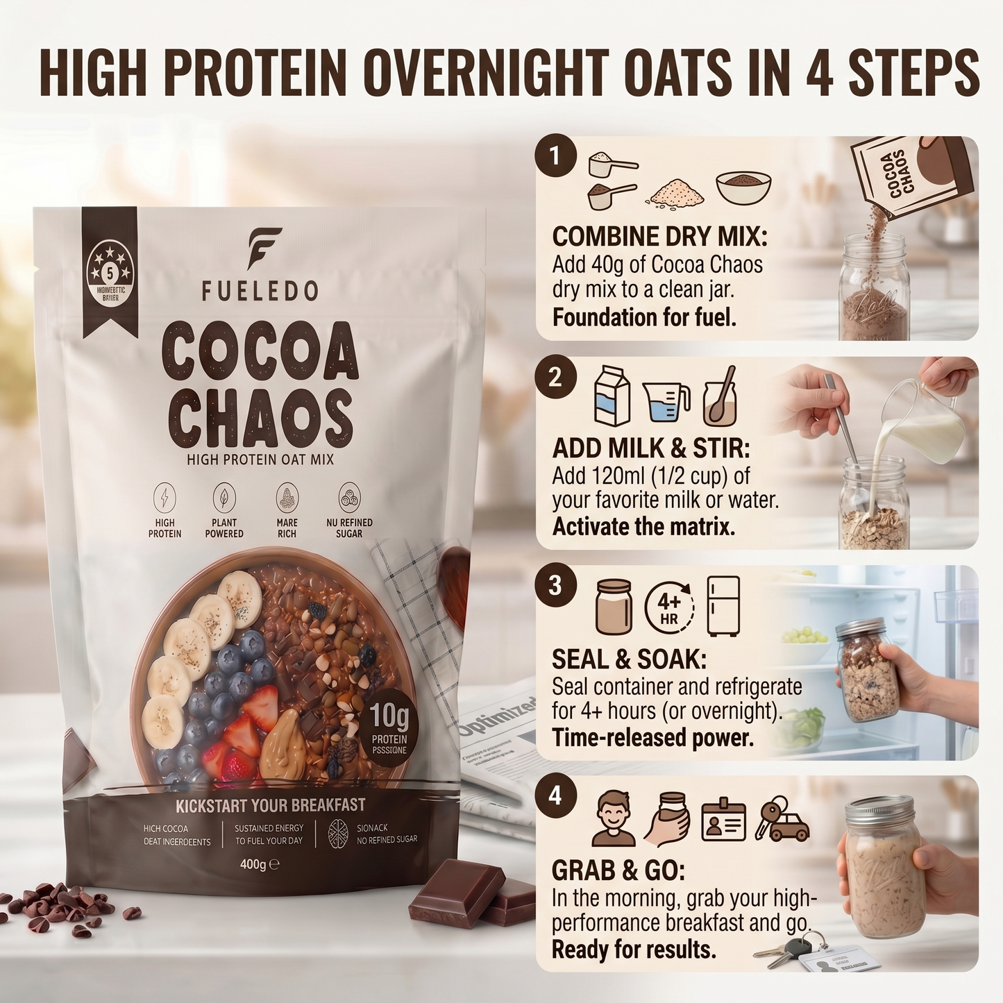 Fueledo Cocoa Chaos high protein overnight oats package with preparation steps.