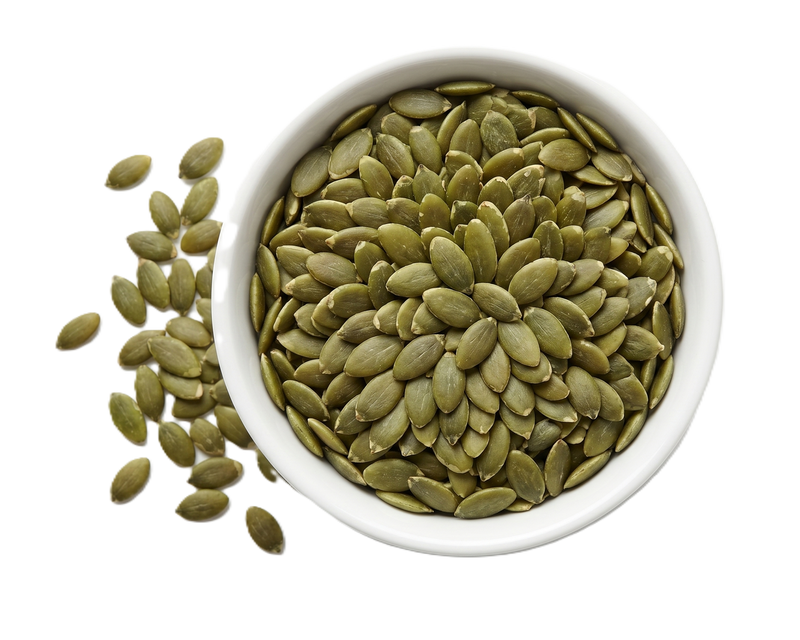 Green pumpkin seeds in a white bowl on a white background